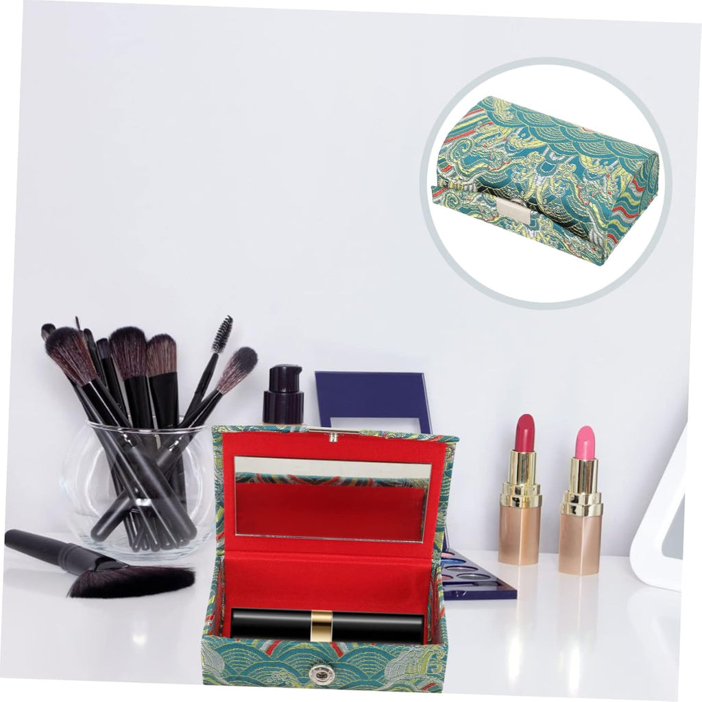 Ladies Lipstick Case with Mirror Chinese Lipstick Holder Cosmetic Storage Travel Case for Purse Elegant Organizer for Makeup Brushes and Lipsticks for Women the Go