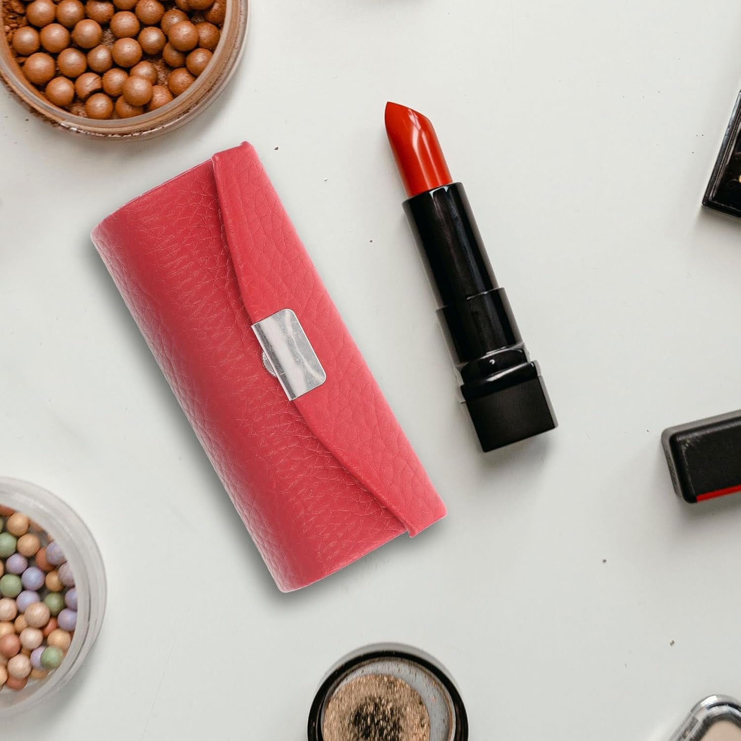 Lipstick Case Purse Holder Leather Holder Lipstick Box with Mirror Makeup Travel Cases Cosmetic Storage Organizer for Women Lipsticks Lip Gloss Lip Balm Red Lip Balm Holder