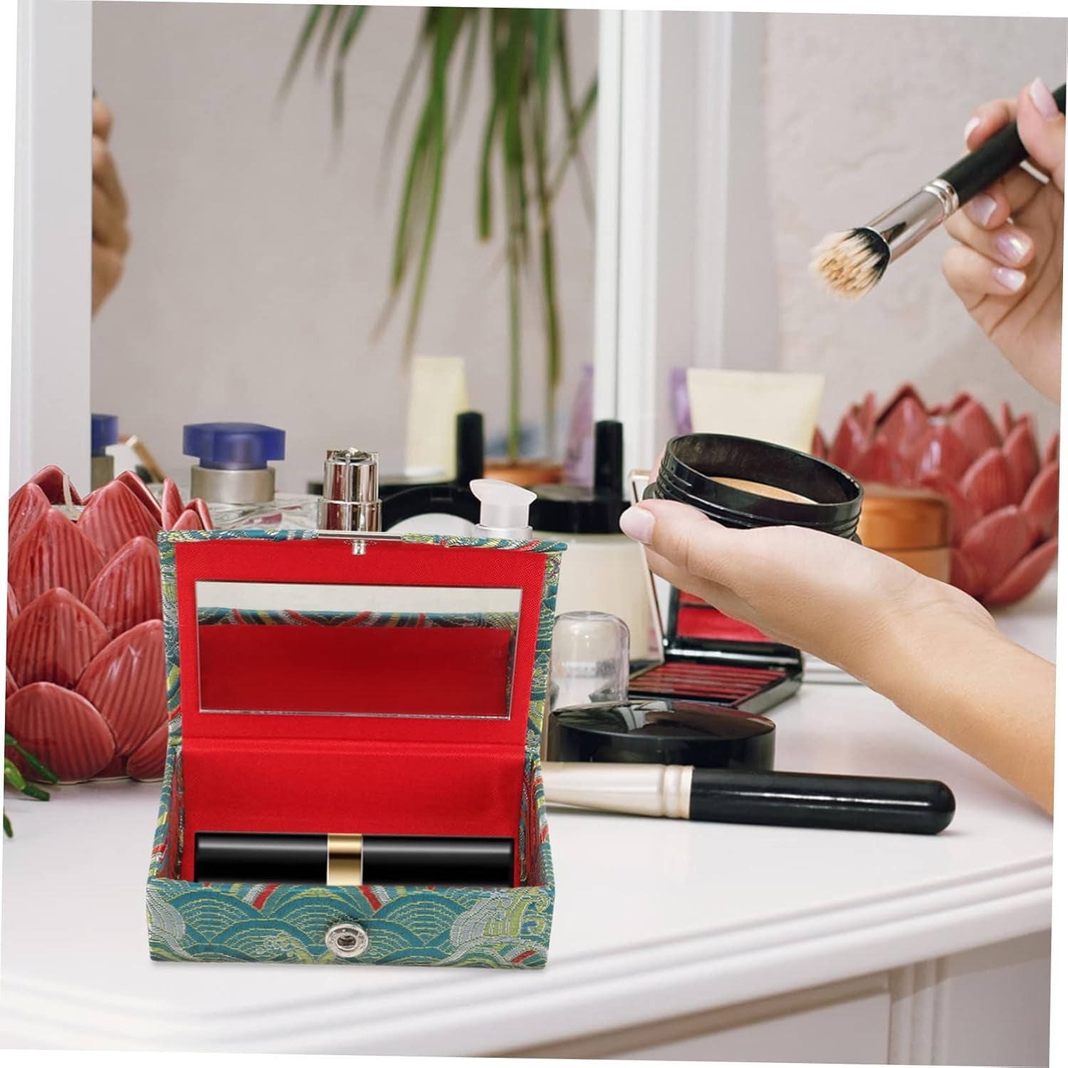 Ladies Lipstick Case with Mirror Chinese Lipstick Holder Cosmetic Storage Travel Case for Purse Elegant Organizer for Makeup Brushes and Lipsticks for Women the Go