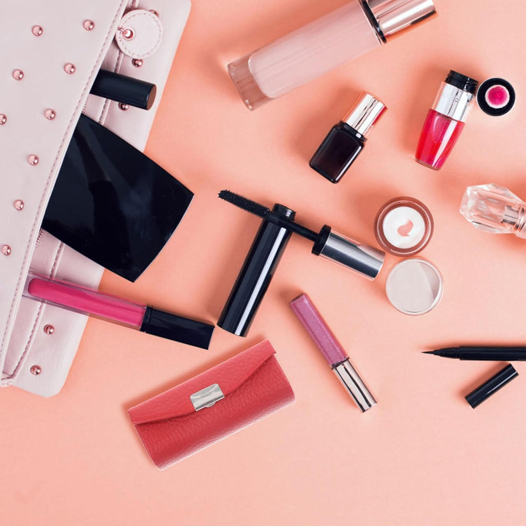 Lipstick Case Purse Holder Leather Holder Lipstick Box with Mirror Makeup Travel Cases Cosmetic Storage Organizer for Women Lipsticks Lip Gloss Lip Balm Red Lip Balm Holder